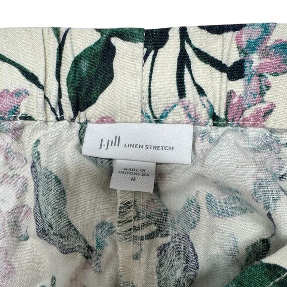 J.JILL Linen Stretch White Green Floral Side Zip Pants Size Medium Button Hem - Picture 4 of 8